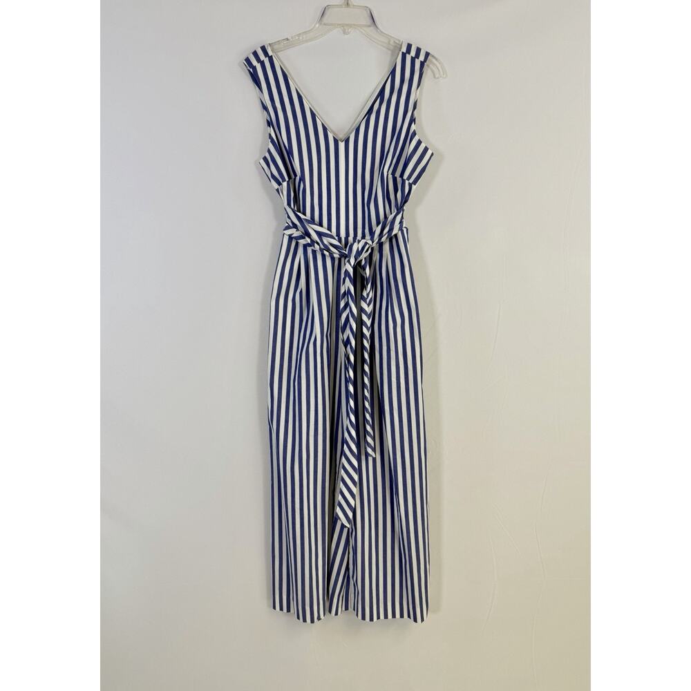 J. Crew Sleeveless Wrap Tie Waist Wide Leg Jumpsuit Blue White Striped Sz 4 EUC - Picture 3 of 16